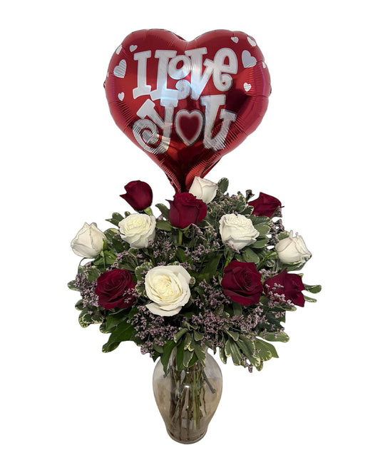 Mixed Rose Arrangement with Balloon